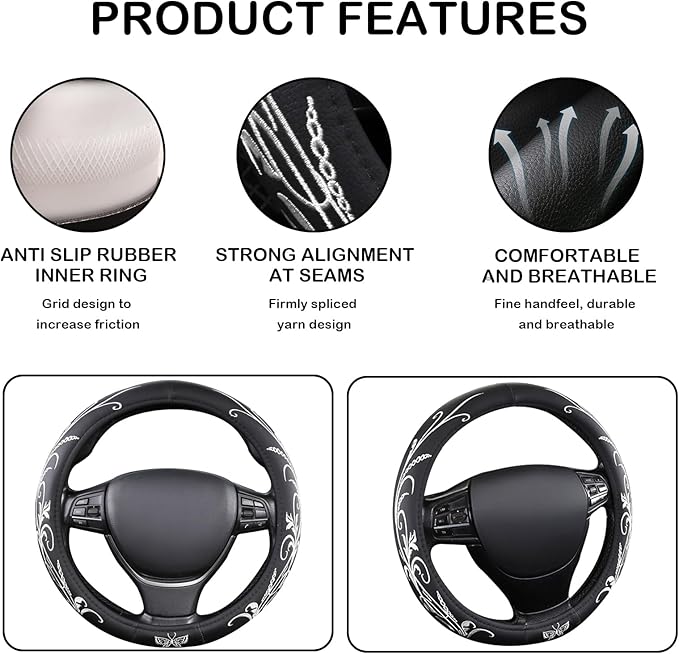 White Embroidery Butterfly Car Steering Wheel Cover,14.5-15 Inch Universal Leather Covers Breathable Anti-Slip Odorless Steer