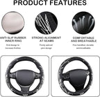 White Embroidery Butterfly Car Steering Wheel Cover,14.5-15 Inch Universal Leather Covers Breathable Anti-Slip Odorless Steer