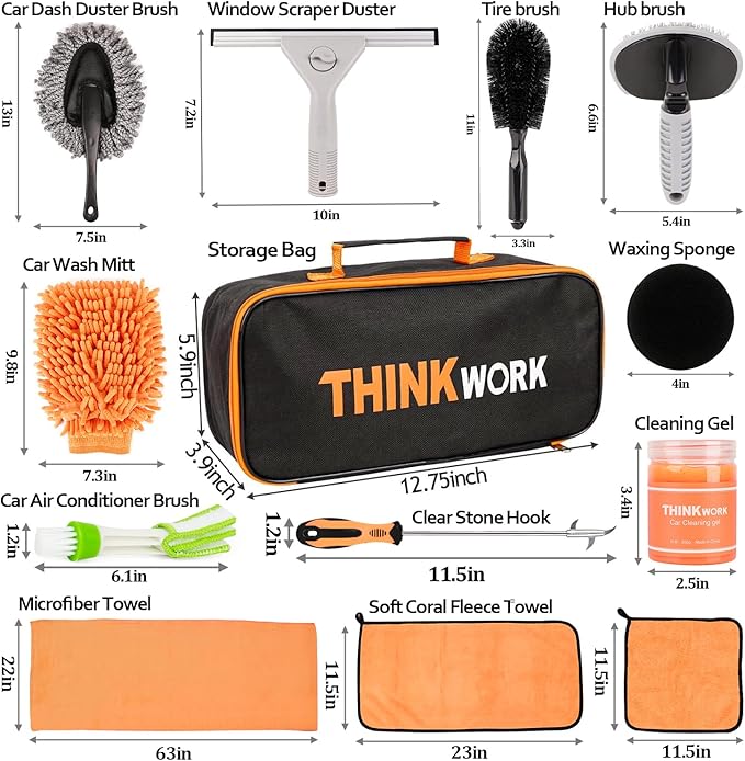 THINKWORK Car Cleaning Kit, Car Washing Kits for Vehicles, Car Detailing Kit Suitable for Small and Medium Vehicles Such As C