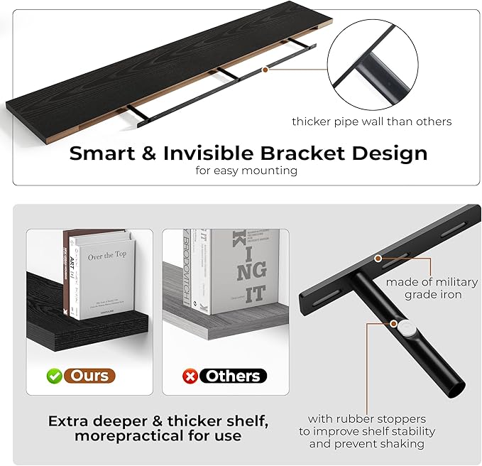 Fun Memories 72 Inch Floating Shelves for Wall, Fireplace Mantel Shelf with Invisible Heavy Duty Bracket, 8 Inch Deep Storage