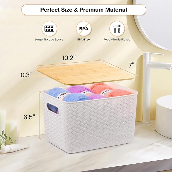 Ohmlove 4 Packs Storage Bins with Bamboo Lids - Plastic Storage Containers with Lids Stackable Storage Box：Storages Baskets f