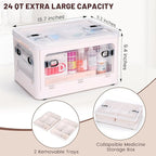 24 QT Medicine Organizer Storage Box with Removable Tray, Extra Large Collapsible First Aid Box Empty, Clear Medicine Contain