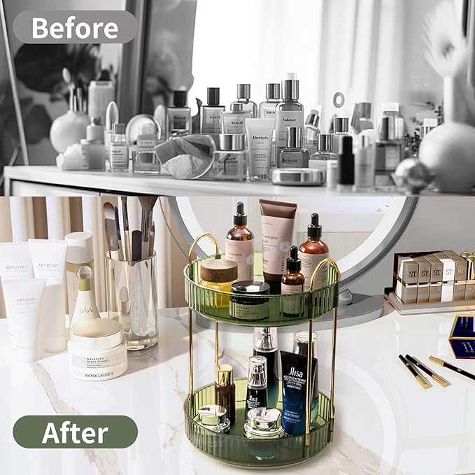 Asayuee 360 Rotating Makeup Organizer for Vanity,2 Tier Large Capacity Skincare Organizers,Bathroom Counter Organizer, Spinni