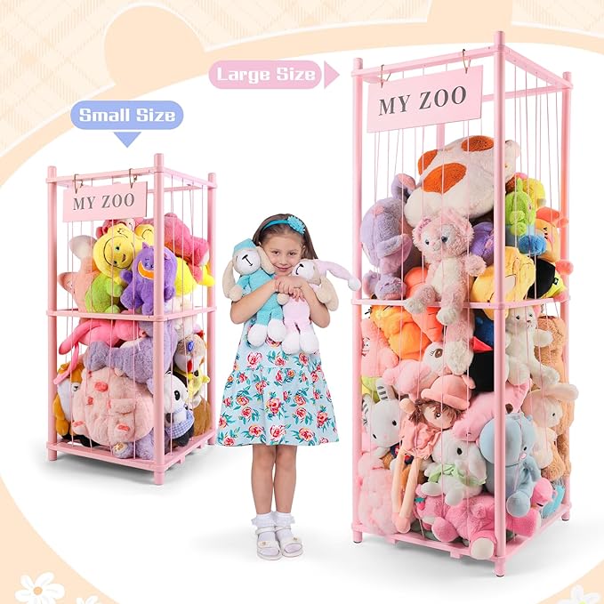 GLDZI Stuffed Animal Storage Zoo, Wooden Stuffed Animal Organizer with Elastic Cords for Boys Girls, Space Saving Toy Plushie