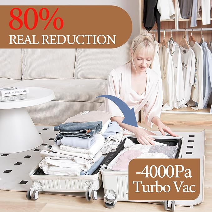 Vacbird Travel Vacuum Storage Bags with Rechargeable Cordless Pump, 12 Pack Vacuum Seal Bags for Clothing(4 Large+4 Medium+4 