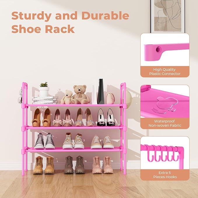 LANTEFUL 3 Tier Shoe Rack for Closet, Shoe Organizer with 5 Hooks, Long Shoe Shelf Storage for Shoe and Boot Stackable Free S