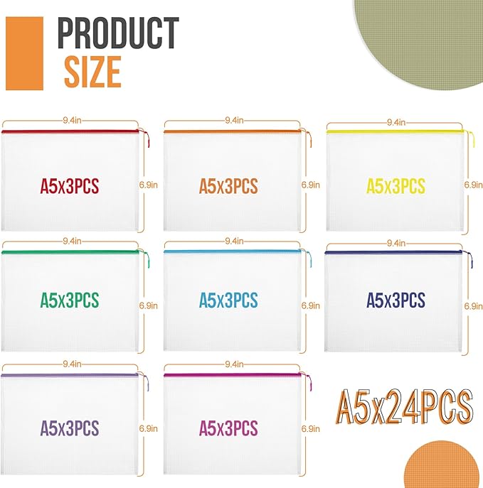 24pcs Mesh Zipper Pouch File Bags Puzzle Storage Bags, A5 Size 9.4 x 6.9 Inches Large Reusable Zipper Pouches for Organizing 
