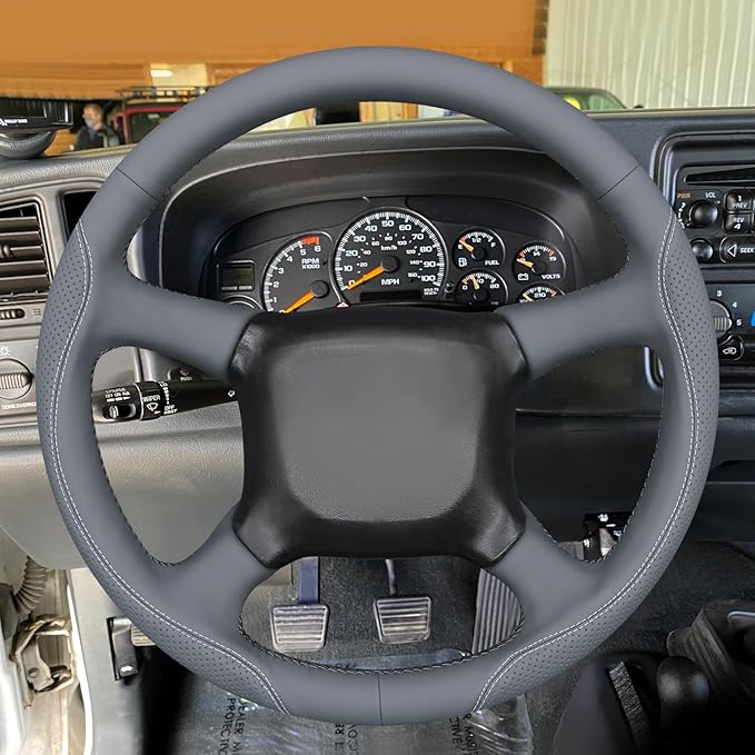 MEWANT Hand Stitch Steering Wheel Cover for Chevy Silverado 1500 2500 3500 1999-2002 Tahoe Suburban 1998-2002 Astro Blazer S10 Kodiak C/K Grey Faux Leather Custom-Fit Anti-Slip Interior Wrap