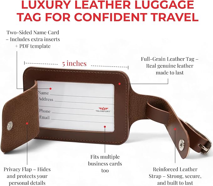 Genuine Leather Luggage Tag with Privacy Flap Set for Men Women Travel Easy with Suitcase Tags Identifiers (Brown, 2 Pack)