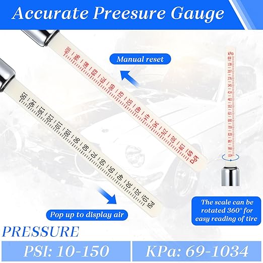 Yunsailing 10 Pcs 10 Pcs Dual Head Tire Pressure Gauge Heavy Duty Truck Tires Air Pressures Gauges with Hook Range 10-150psi, 0.7-10.3bar for Semi Trucks Car Bus Rv Van (Silver)