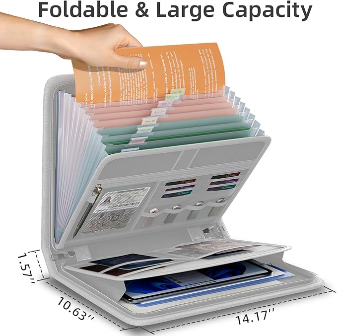 Fireproof Accordion File Organizer, Portable Expanding File Folder with Waterproof Zipper&Labels, Gray Document Organizer wit