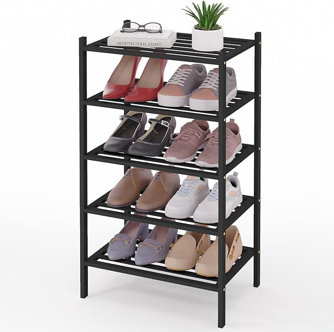 Smiry Small Bamboo Shoe Rack 5-Tier, Stackable Wooden Shoe Organizer for Entryway & Closet, Free Standing Wood Shoe Storage S