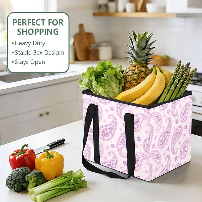 Paisley Pattern Reusable Grocery Bags Large Shopping Tote Bag with Reinforced Bottom Board, Water Resistant Foldable Storage 