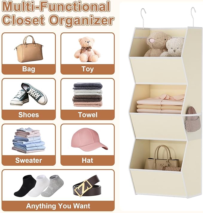 Hanging Closet Organizer 3 Shelf Collapsible Fabric Closet Organizers and Storage Hanging with Mesh Pocket for Clothes, Hangi