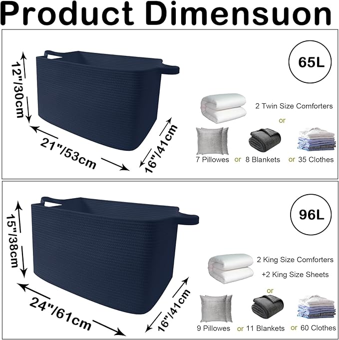 96L Large Blanket Basket,24"x16"x15"Rectangle Storage Bin with Handles,Woven Rope Laundry Basket for Toys, Clothes,Magazines,