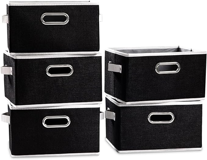 PRANDOM Large Collapsible Storage Bins for Closet [5-pack] Decorative Fabric Storage Baskets Cubes with Leather/Metal Handles
