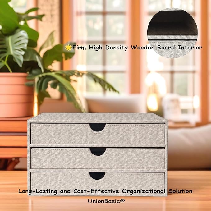 UnionBasic Document Organizer, 3-Drawer File Cabinet Document Storage Box, Office Desktop Filing Organizer, Beige