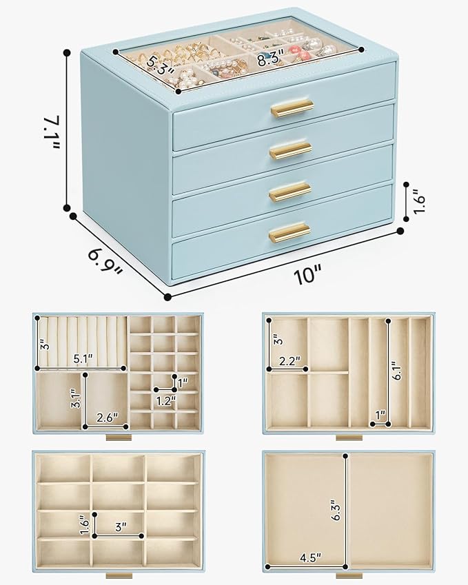 AKOZLIN Jewelry Box with Clear Lid Functional Leather Jewelry Storage Organizer Case 4 Drawers for Women Girls Necklace Ring 