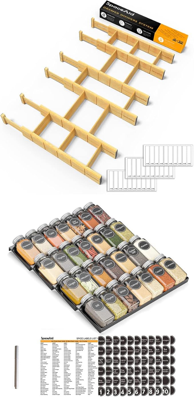 SpaceAid Bamboo Drawer Dividers with Inserts and Labels, 6 Dividers with 12 Inserts (17-22 in), Spice Drawer Organizer with 2