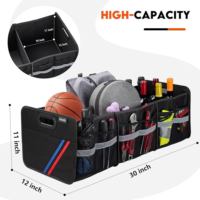 Trunk Organizer for Car, Collapsible Trunk Organizer with Multi Pockets, 3 Compartments Storage Organizer for Car SUV, Truck, S