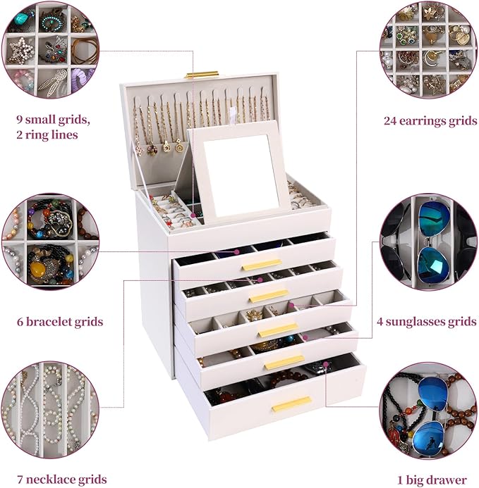 BOOVO Jewelry Boxes for Women, White and Black 6 Layer Large Jewelry Box for Necklace, Bracelet, Earrings, Rings Storage, Jew