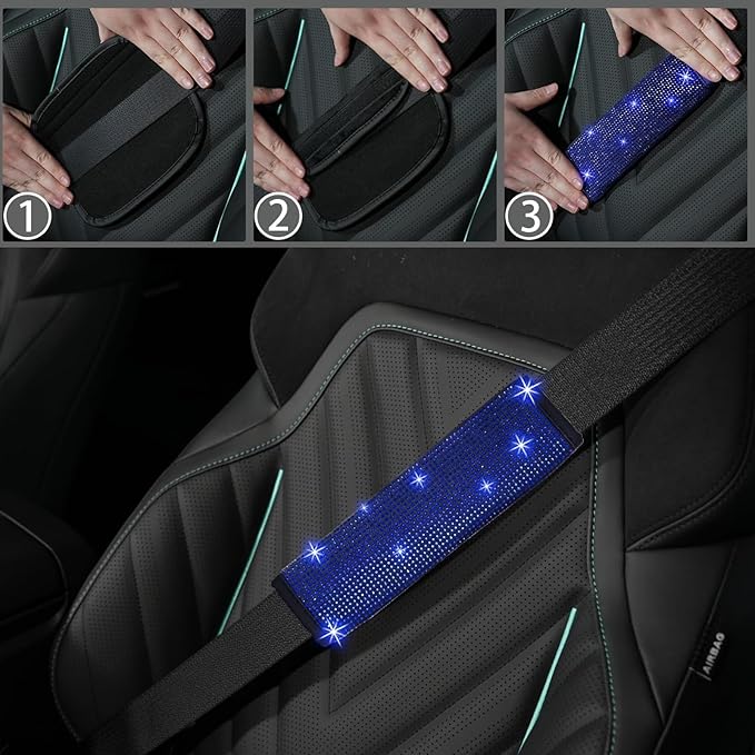 NBTEPEM 30 Pcs Blue Bling Car Accessories Set for Women, Blue Steering Wheel Cover Set, Bling Console Cover, Seat Belt Cushion, Shift Knob Cushion, Cup Coaster, Rhinestone Car Hanging Accessories