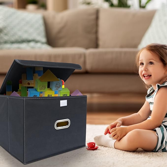 STOREONE Fabric Storage Cube Bins Foldable Organizer Container Collapsible Basket with Lids and Metal Handles, for Home, Bedr