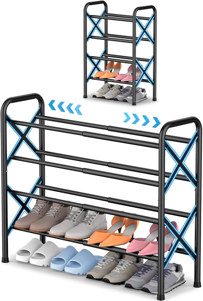 YEASHEIN 4-Tier Expandable Shoe Rack for Closet Floor, X-Frame Metal Small Shoe Rack for Entryway, Adjustable Shoe Shelf Orga