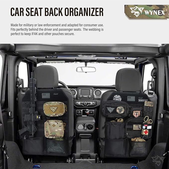 WYNEX Car Seat Organizer, Molle Backseat Cover Organizer Protector with Sling Rack, Visual Pocket and Patch, Universal Vehicle Fits for F150, Jeeps, Pickups & Trucks for Road Trips