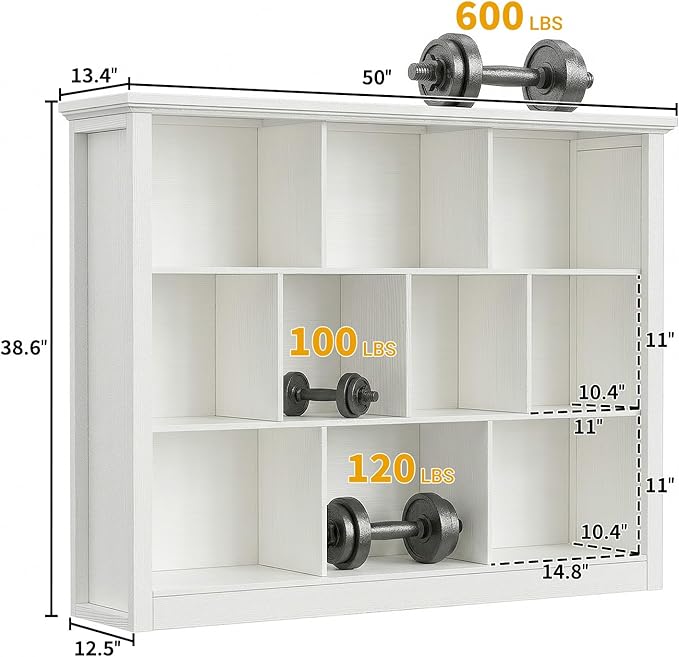 Unikito 10 Cube Storage Book Shelf - 50" Wide Wood Cube Storage Organizer, Wooden 3 Tiers Floor Standing Low Bookcase for Liv
