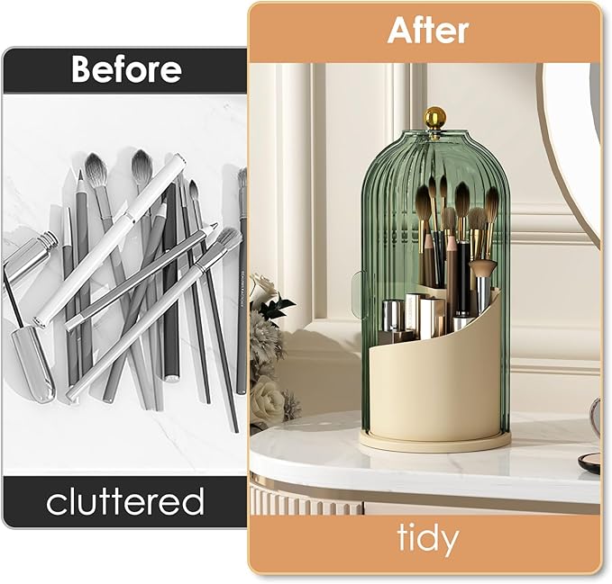 YOOLENS Makeup Brush Holder with Lid 360 Rotating Clear Dustproof Make Up Organizers for Vanity Bathroom Countertop, Green Be