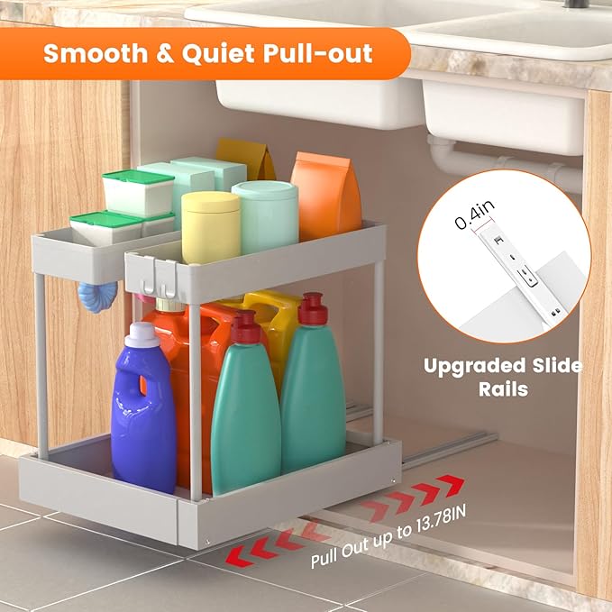 Expandable Under Sink Organizers and Storage,Width Adjustable (14.9-23.6IN),No Drill 2-Tier Pull Out Under Cabinet Organizer 