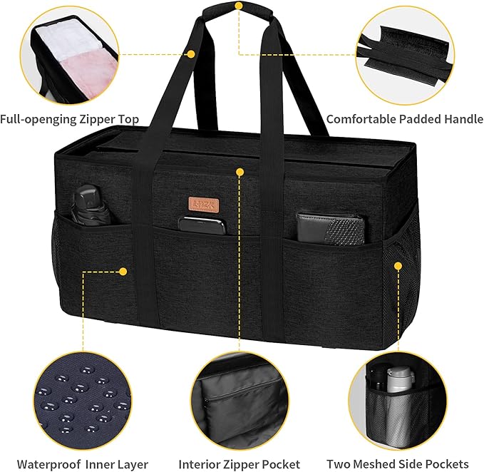 LHZK Stand Up Extra Large Utility Tote Bag with Lid, Utility Tote Bag with Metal Wire Frame and the Sides Rinforced, Reusable