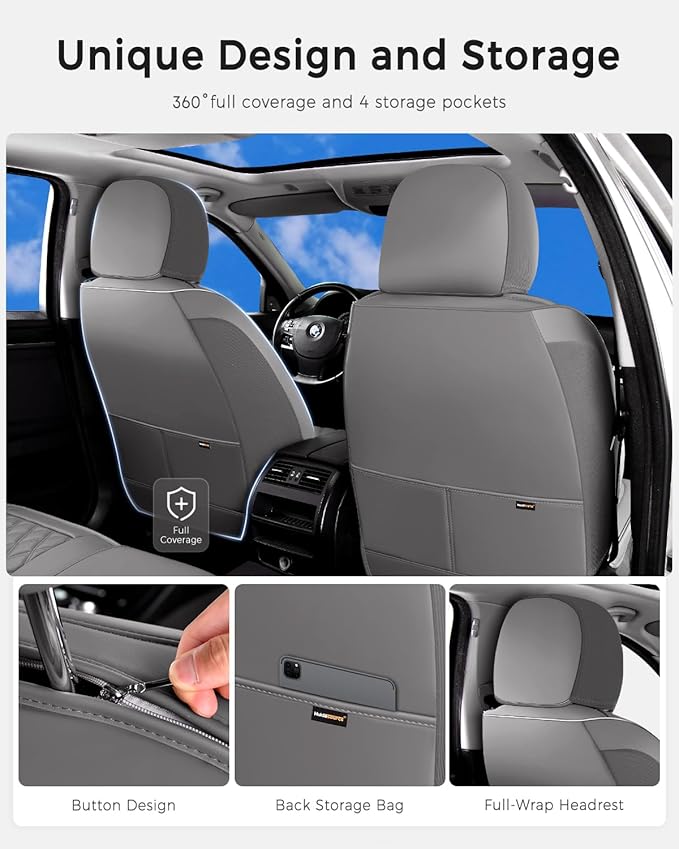 Huidasource Gray Front Seat Covers, Car Seat Covers Front Seats Nappa Leather, Side Elastic Fabric, Compatible with Airbags, 