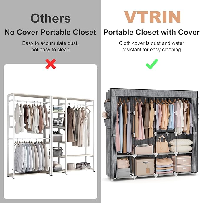 VTRIN Portable Closet for Hanging Clothes 67 Inch Wide Large Capacity Portable Wardrobe Closet with Cover, 4 Storage Shelves 