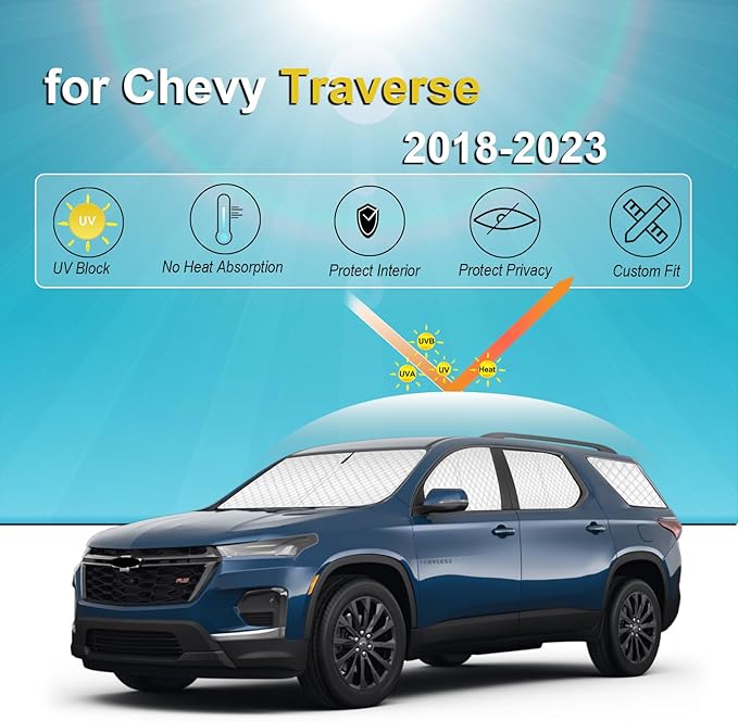 KMF 8pcs Thicken Sun Shades for Chevy Traverse 2018-2023 Accessories,Chevrolet Full Car Window Covers Sunshade for Windshield Side Rear, UV Block and Blackout Privacy for Car Camping Outdoor