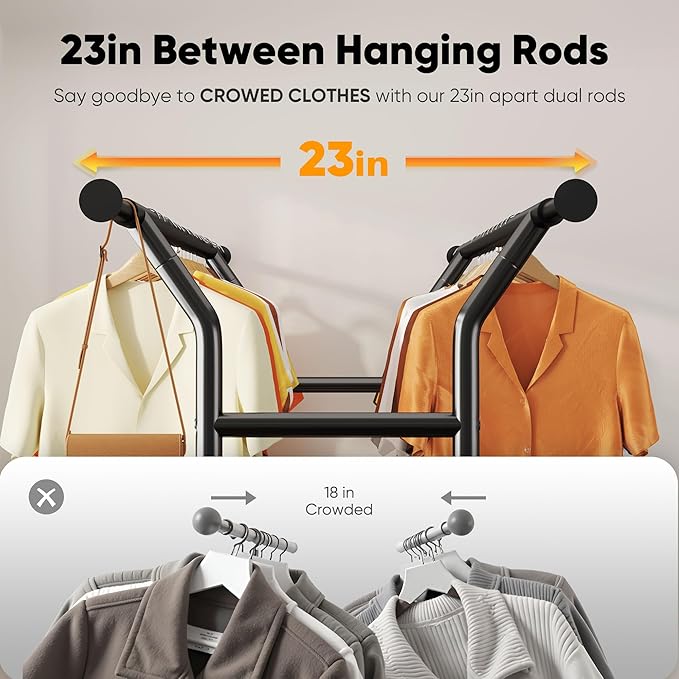 HOKEEPER Heavy Duty Clothes Rack Load 635 LBS, Clothing Rack for Hanging Clothes, Adjustable Black Double Rod with Metal Bask