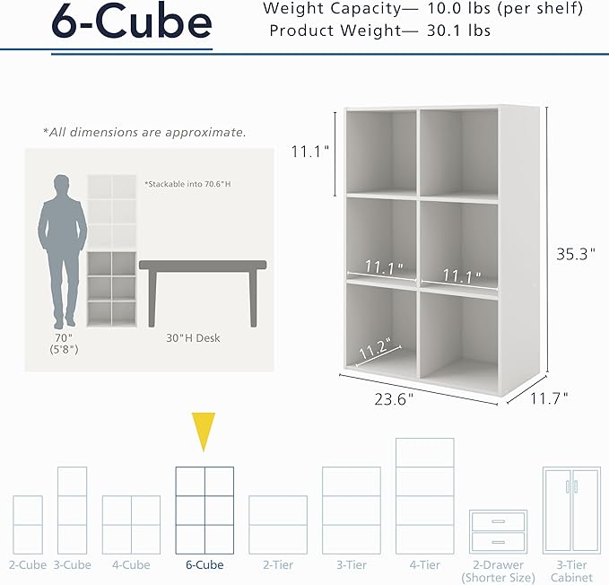 Homes: Inside + Out Apexa 6-Cube Storage Organizer Shelves, Stackable Wood Bookcase Fits Cubby Bins for Organization, Dorm Te