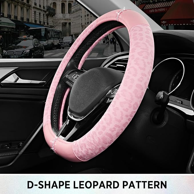 Road Comforts Leopard Steering Wheel Cover for Women, Cute Anti-Slip Microfiber Leather, Fits D Shape Flat Bottom Steering Wh