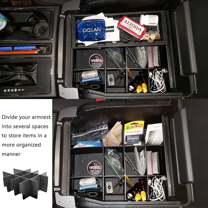 TACOBRO Center Console Organizer Dividers Compatible with 2015-2018 2019 2020 Ford F150 Accessories Black ABS Plastic Armrest Box Insert Secondary Storage, Full Console w/Bucket Seats ONLY