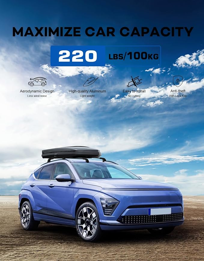 Roof Rack Cross Bars 220lbs Compatible with Hyundai Kona & Kona Electric 2024 2025 2026, Heavy Duty Aluminum Lockable Roof Rails Crossbars Black Rooftop Cargo Carrier Luggage