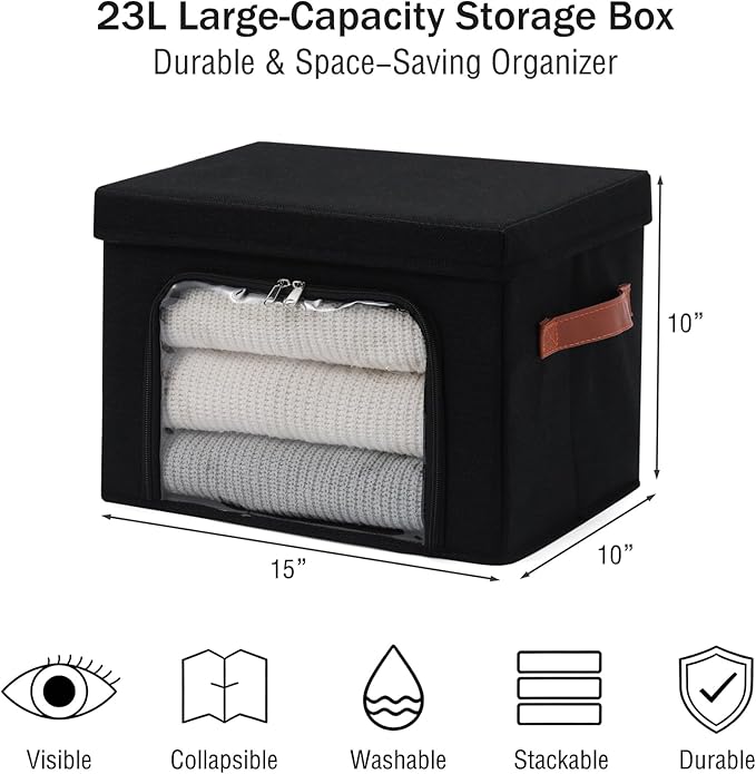 2PCS Large Storage Bins Boxes with Lids Clear Window Zipper Closure Decorative Cotton Linen Fabric Baskets with PU Leather Ha