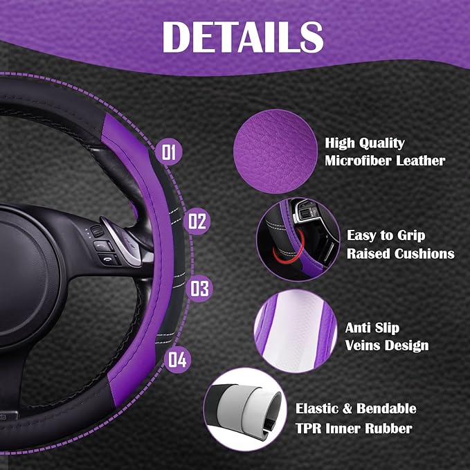 CAR PASS Line Rider Microfiber Leather Sporty 14.5-15 inch Steering Wheel Cover Universal Fits for 95% Truck,SUV,Cars, Anti-S
