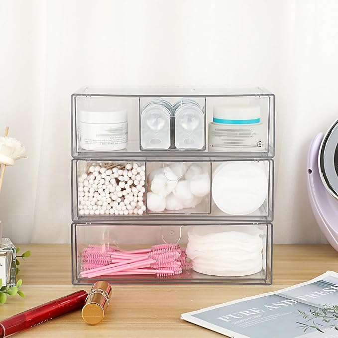 Hipiwe Acrylic Storage Drawers 3-Tier Stackable Bathroom Makeup Organizer Cotton Swabs Qtip Holder for Vanity Cosmetics Clear