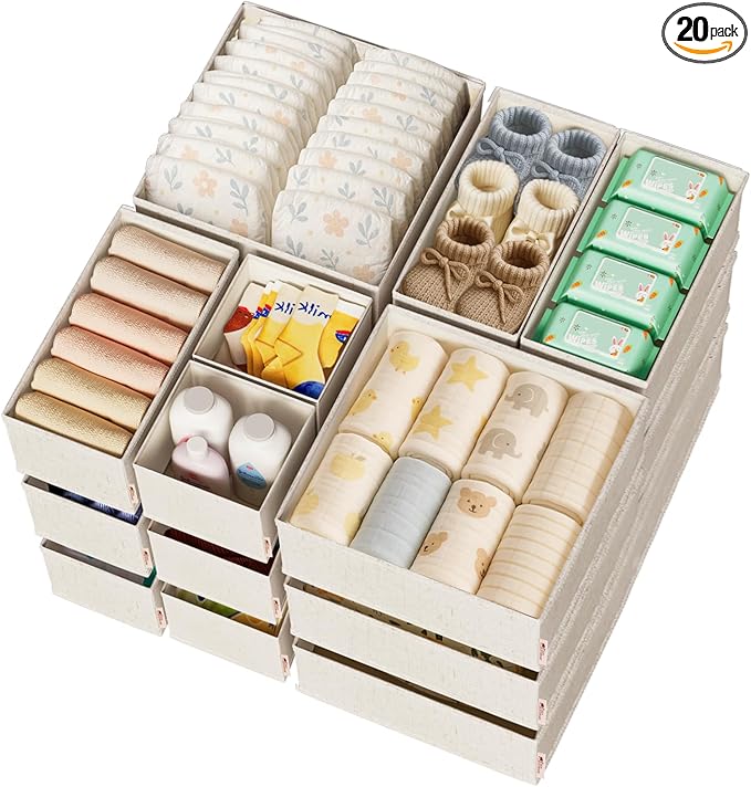 Cotton Linen Drawer Organizers for Baby Clothes, 20Pack Multi-Size Nursery Dresser Dividers for Clothes, Premium Foldable Sto