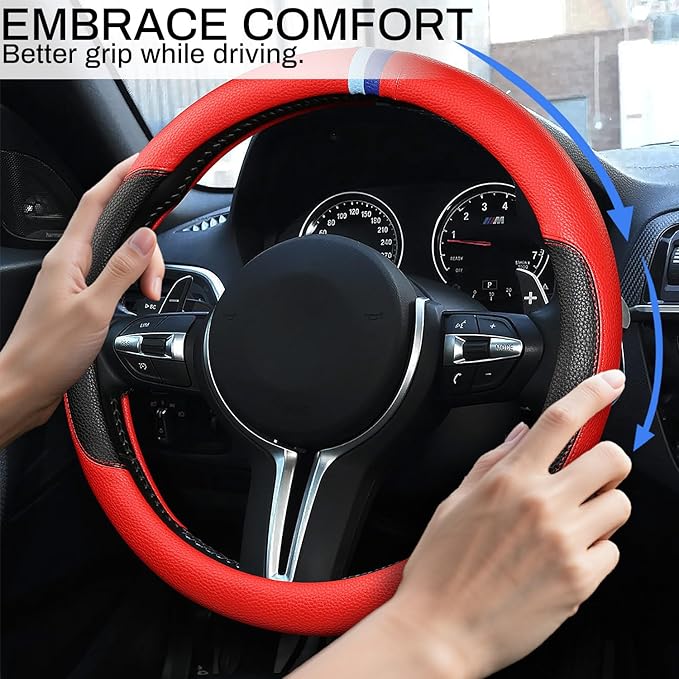 Cxtiy Steering Wheel Cover for BMW X1 X2 X3 X4 X5 X6 330i 530i 740i iX1 iX3 i4 i5 M3 M5 (Red, Standardized(14.5'-15'))