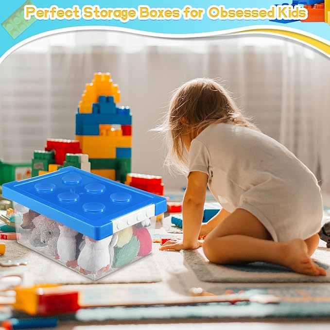 Vicenpal 4 Pack Toy Storage Containers with Lids Brick Shaped Kids Toy Organizer Box Plastic Clear Stackable Bin Chest for Bu