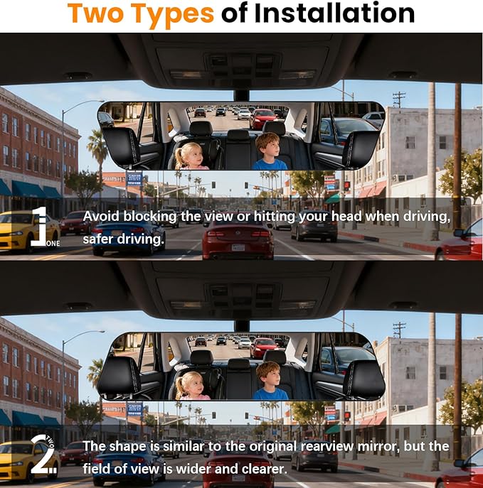 Rear View Mirror, 12 Inch Chrome Anti-glare Panoramic Rear Mirrors Universal Convex Car Interior Clip on Extra Big Wide Angle Rearview Mirror Extender to Reduce Blind Spot for Car SUV Trucks