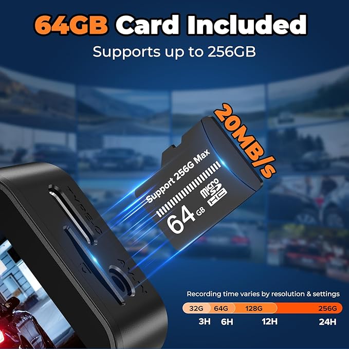 Dashcam Front and Rear Camera, 4K+1080P Dash Camera for Cars, 64GB Card Included, 3.2" IPS Screen, HDR Night Vision, G-Sensor