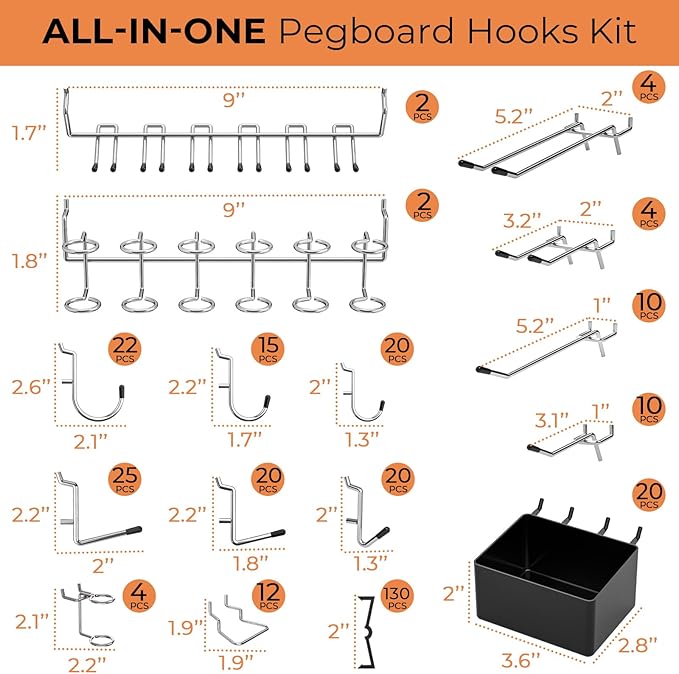 INCLY 320PCS Pegboard Accessories Organizer Kit, Peg Board Hooks Assortment with 20PCS Bins for Organizing Various Tools, Fit
